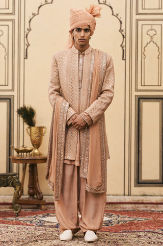 Chikankari Sherwani for Indian Wedding - Peach Polki Prawal Chikankari Sherwani Set by Itrh at Mrs. G