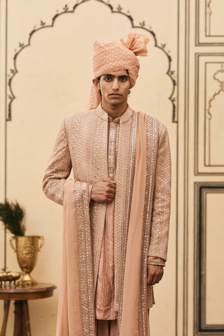 Chikankari Sherwani for Indian Wedding - Peach Polki Prawal Chikankari Sherwani Set by Itrh at Mrs. G