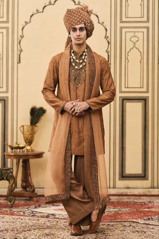 Kurta Set for Indian Wedding - Brown Polki Sarson-kaphila Tussar Silk Kurta Set by Itrh at Mrs. G
