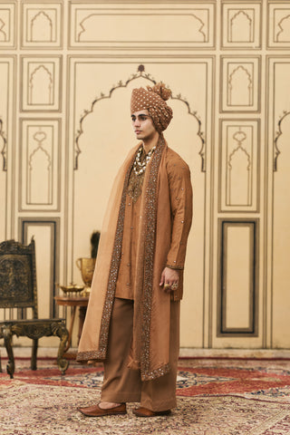 Kurta Set for Indian Wedding - Brown Polki Sarson-kaphila Tussar Silk Kurta Set by Itrh at Mrs. G