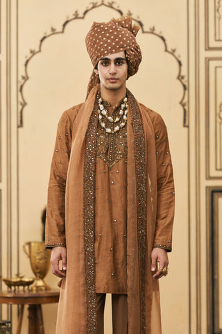 Kurta Set for Indian Wedding - Brown Polki Sarson-kaphila Tussar Silk Kurta Set by Itrh at Mrs. G