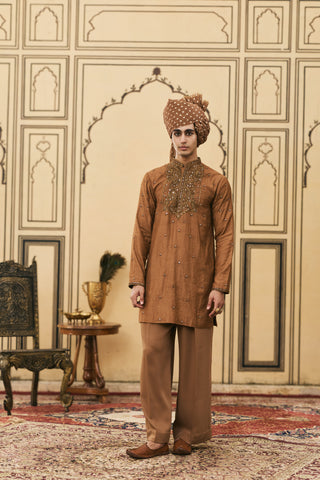 Kurta Set for Indian Wedding - Brown Polki Sarson-kaphila Tussar Silk Kurta Set by Itrh at Mrs. G