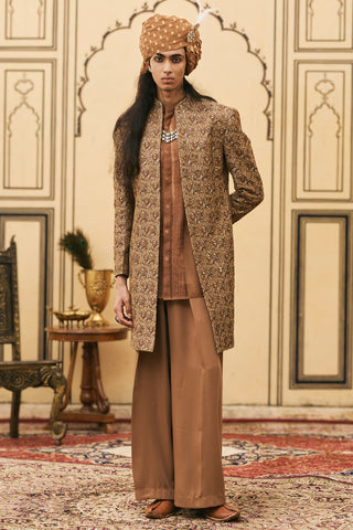Jacket Set for Indian Wedding - Brown Polki Shyam-bhoora Banarasi Brocade Jacket Set by Itrh at Mrs. G