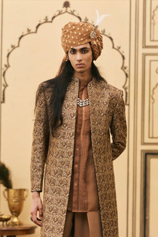 Jacket Set for Indian Wedding - Brown Polki Shyam-bhoora Banarasi Brocade Jacket Set by Itrh at Mrs. G