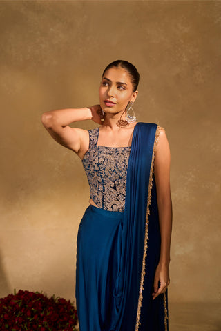 Slit Saree Indian Wedding – Blue Lekha Saree by Chamee & Palak