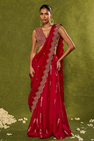 Lehenga Saree Indian Wedding – Red Amal Lehenga Saree Set by Chamee & Palak