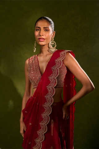 Lehenga Saree Indian Wedding – Red Amal Lehenga Saree Set by Chamee & Palak