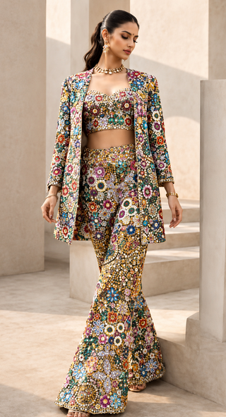 Jacket Set Printed Wear - Multicolor Phool Mahal Jacket Set by Banjara Trail