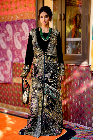 Jacket Set Evening Wear - Black Ghazal Embellished Shrug Jacket Set by Banjara Trail