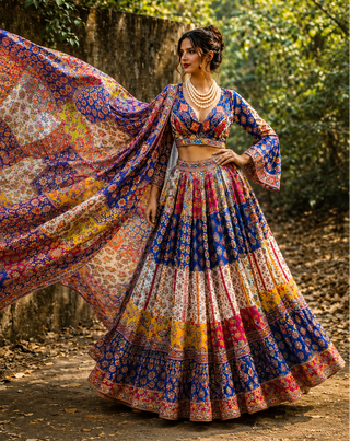 Lehenga Set Bohemian Wear - Multicolor Patchwork Mirror Lehenga Set by Banjara Trail