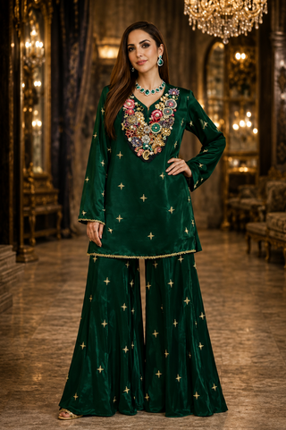 Sharara Set Festive Wear - Green Gulzaar Embellished Sharara Set by Banjara Trail