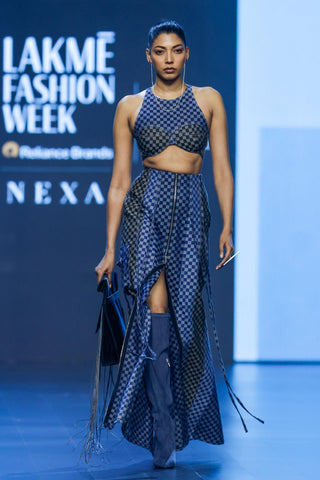 Skirt Contemporary Wear - Blue checkered slit denim by Essé