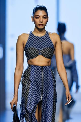 Skirt Contemporary Wear - Blue checkered slit denim by Essé