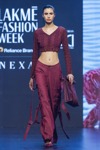 Pants Contemporary Wear - Maroon cherry denim cargo by Essé