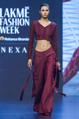 Pants Contemporary Wear - Maroon cherry denim cargo by Essé