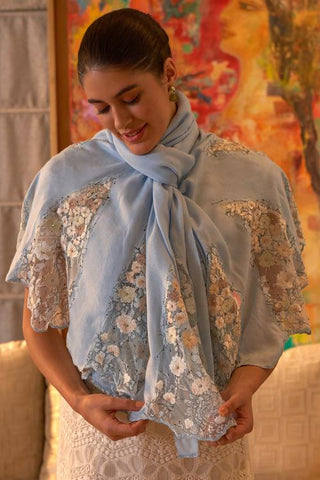 Stole Indian Wedding - Blue Cherry Blossom Flounce Wool Silk by Mauli