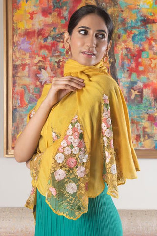 Stole Indian Wedding - Yellow Cherry Blossom Flounce Wool Silk by Mauli