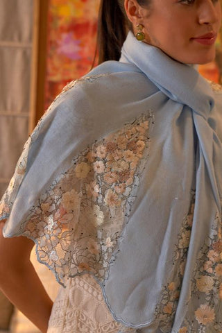Stole Indian Wedding - Blue Cherry Blossom Flounce Wool Silk by Mauli