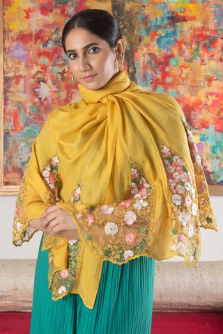 Stole Indian Wedding - Yellow Cherry Blossom Flounce Wool Silk by Mauli