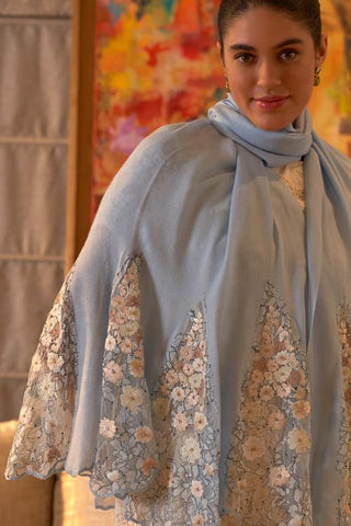 Stole Indian Wedding - Blue Cherry Blossom Flounce Wool Silk by Mauli