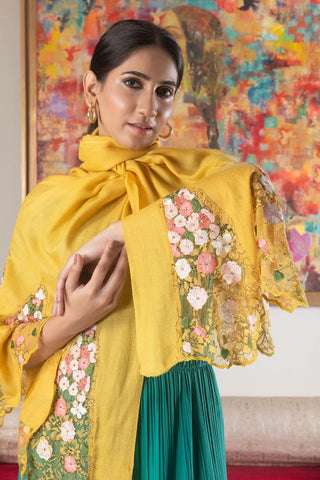 Stole Indian Wedding - Yellow Cherry Blossom Flounce Wool Silk by Mauli