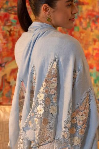 Stole Indian Wedding - Blue Cherry Blossom Flounce Wool Silk by Mauli