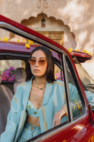 Blue palm trees and sky bandhani jacket set