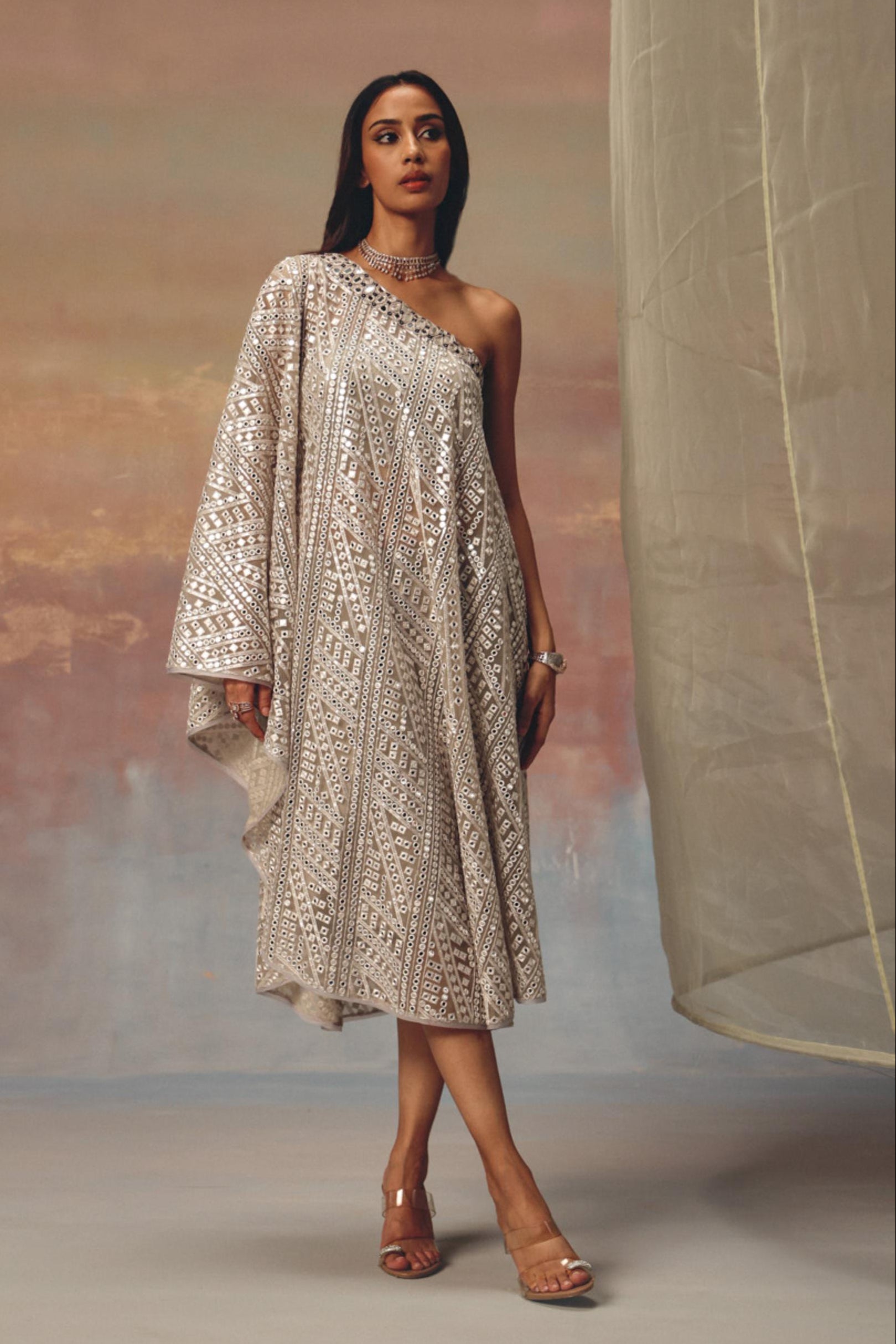 one shoulder kaftan dress Mirrorwork Kaftan Dress – Silver One Shoulder – Twenty Nine