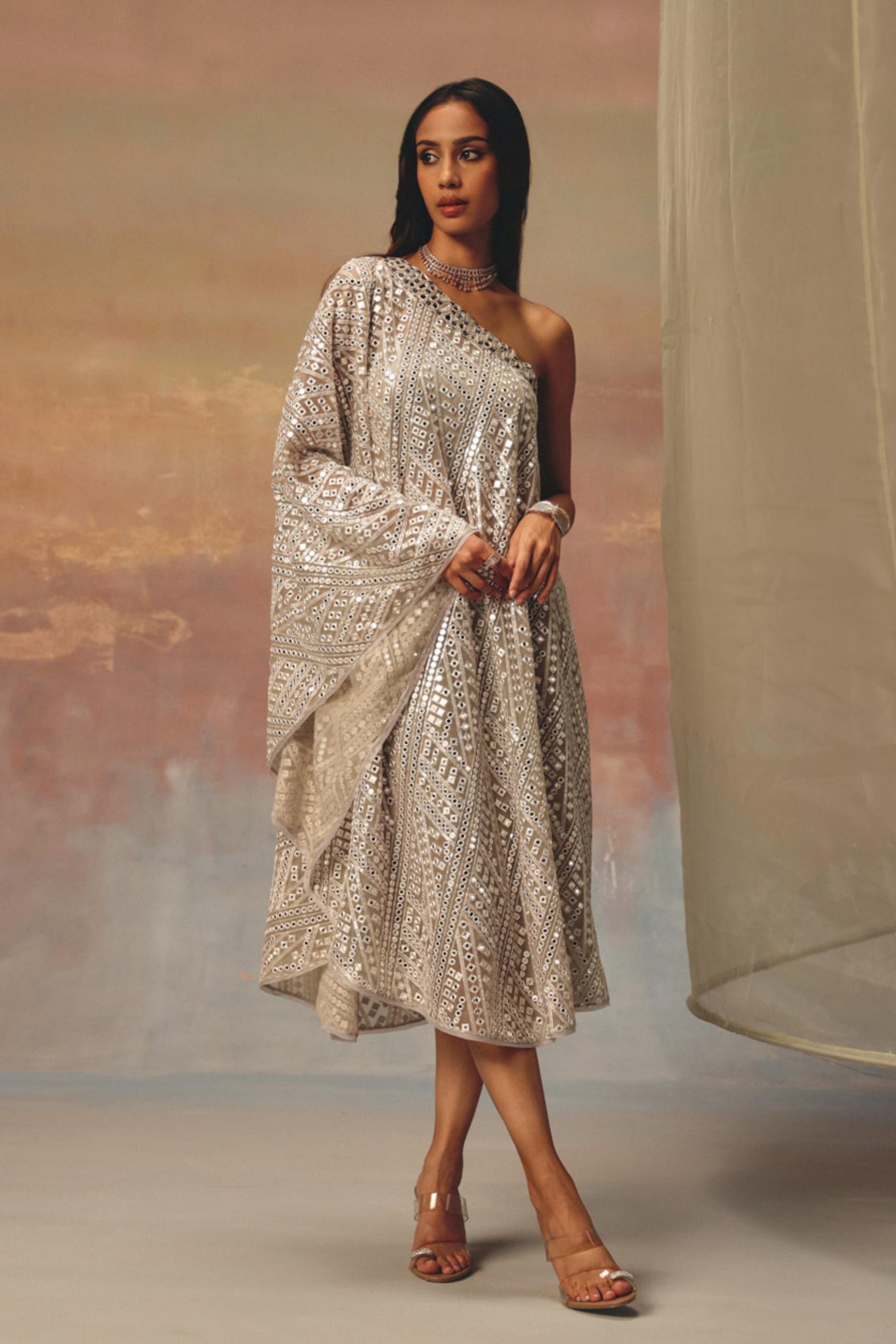 Mirrorwork Kaftan Dress Silver One Shoulder Twenty Nine | Mrs. G Mirrorwork Kaftan Dress Silver One Shoulder Twenty Nine | Mrs. G
