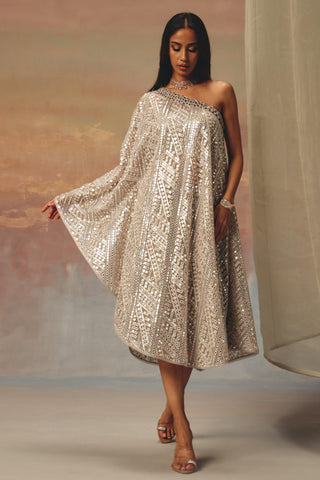 Silver Kaftan Dress for Indian Festive Wear – Mirrorwork One Shoulder by Twenty Nine