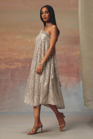 Silver Kaftan Dress for Indian Festive Wear – Mirrorwork One Shoulder by Twenty Nine