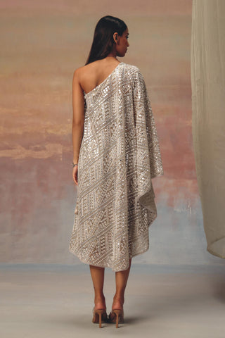 Silver Kaftan Dress for Indian Festive Wear – Mirrorwork One Shoulder by Twenty Nine