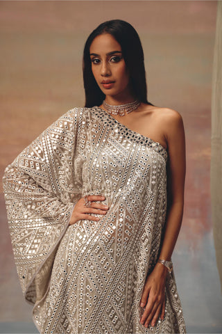 Silver Kaftan Dress for Indian Festive Wear – Mirrorwork One Shoulder by Twenty Nine