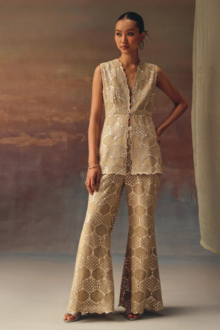 Golden Peplum Set for Festive Wear – Bell Bottom Style by Twenty Nine