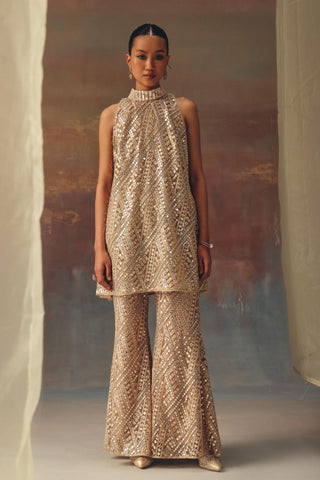 Golden Dress Set for Festive Evenings – Hi-Neck Top with Bell Bottoms by Twenty Nine