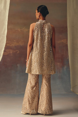 Golden Dress Set for Festive Evenings – Hi-Neck Top with Bell Bottoms by Twenty Nine