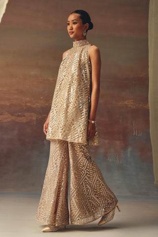 Golden Dress Set for Festive Evenings – Hi-Neck Top with Bell Bottoms by Twenty Nine