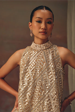 Golden Dress Set for Festive Evenings – Hi-Neck Top with Bell Bottoms by Twenty Nine