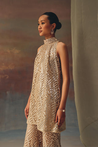 Golden Dress Set for Festive Evenings – Hi-Neck Top with Bell Bottoms by Twenty Nine