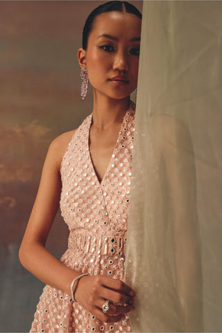 Halter Neck Tunic Set for Indian Festive Wear – Pink Tunic with Bootcut Pants by 29india