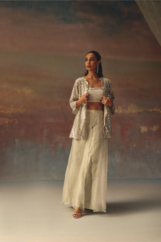Silver noorani scallop jacket with bandeau and palazzo