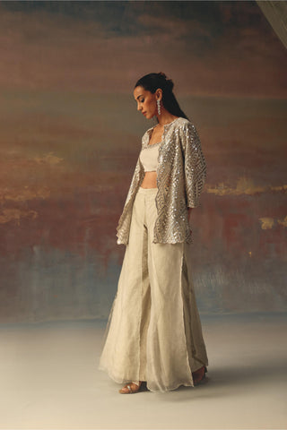 Silver noorani scallop jacket with bandeau and palazzo