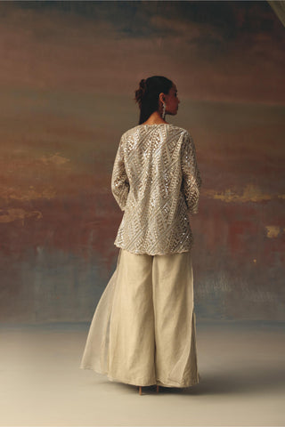 Silver noorani scallop jacket with bandeau and palazzo