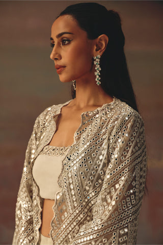 Silver noorani scallop jacket with bandeau and palazzo