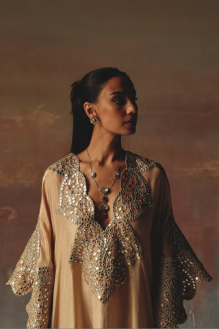 Peach Kaftan for Indian Festive Wear with Mirrorwork by Twenty Nine