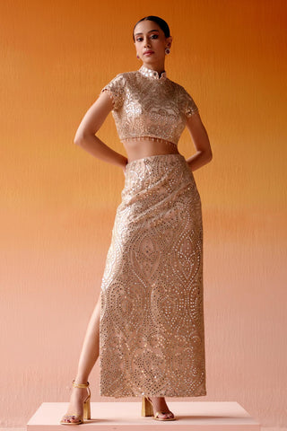 Aaina Skirt Set for Indian Wedding – Metallic Long Slit Style by Twenty Nine