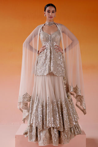 Aaina Lehenga Set for Indian Wedding – Ivory Metallic Layered Style by Twenty Nine
