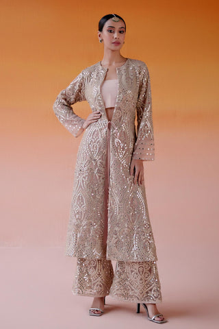 Aaina Jacket Set for Indian Wedding – Peach Long Mirrorwork Style by Twenty Nine