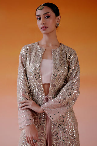 Aaina Jacket Set for Indian Wedding – Peach Long Mirrorwork Style by Twenty Nine
