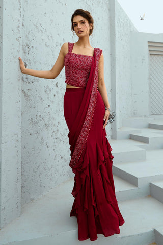 Saree Indian Wedding - Red Estelle Corset Pre-Drape by Chamee & Palak
